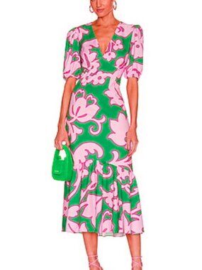 Rhode Ester Pink Green Floral V-Neck Midi Puff Sleeve Midi Dress